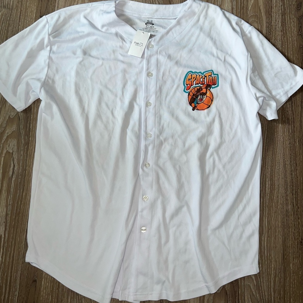 Rue21 White Jersey Shirt with Colorful Patch